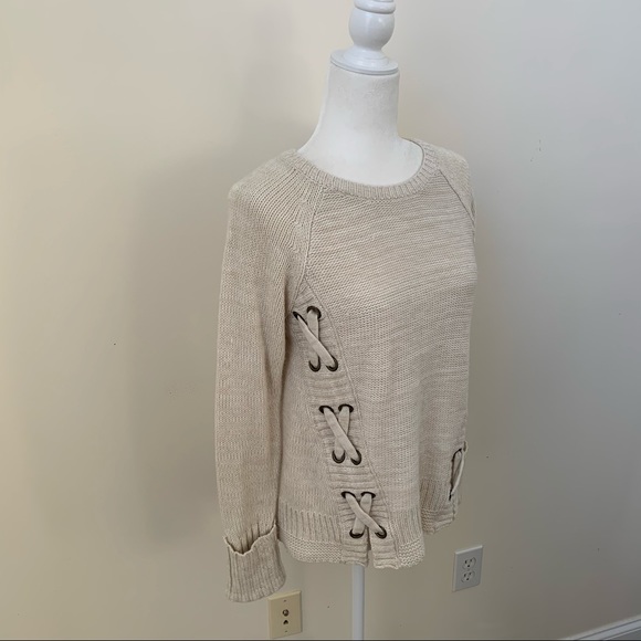 American Rag Grommet Lace Up Sides Cream Sweater - Picture 2 of 7